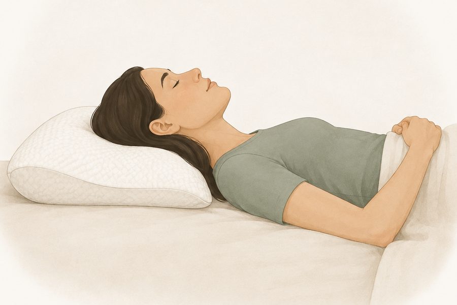 Editorial illustration of a back sleeper resting on an ergonomic pillow
