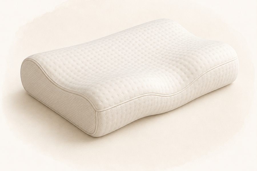 Editorial illustration of a contoured ergonomic pillow on a neutral background