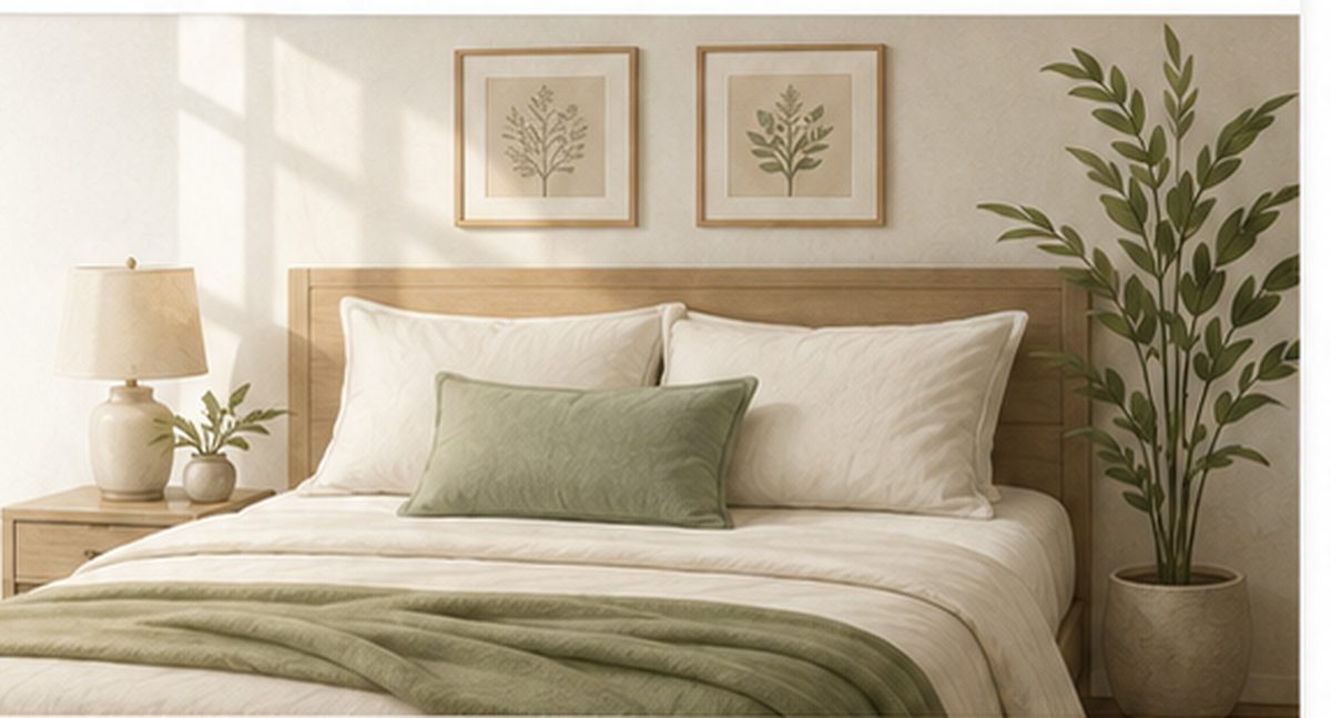 Calm neutral bedroom with pillows and soft sage accents