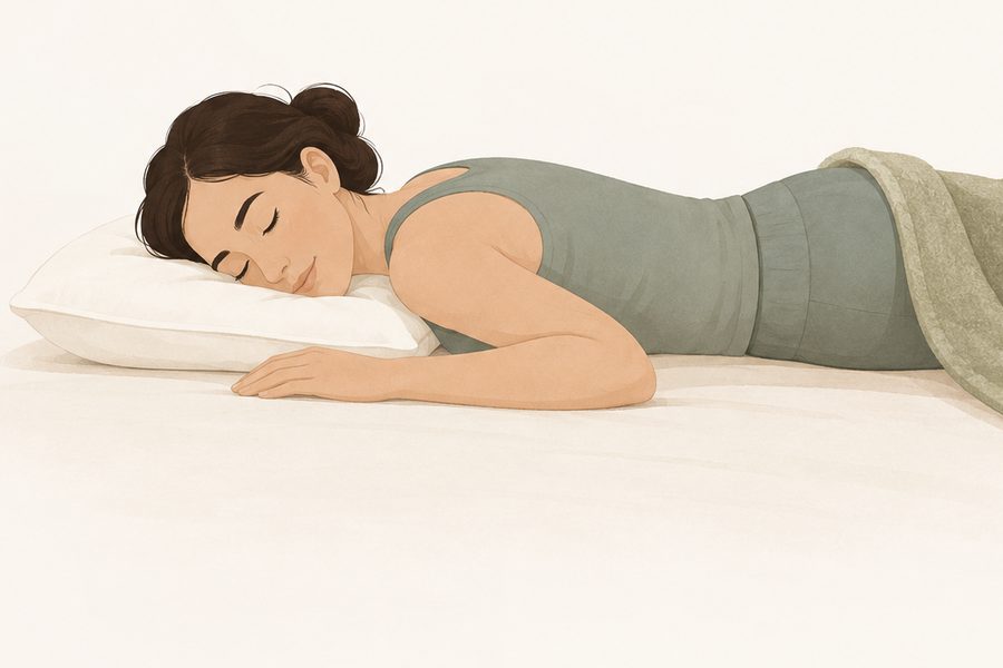 Editorial illustration of a stomach sleeper using a low-loft pillow